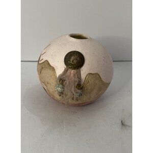 Ceramica Aljesa Tea Light Holder Mexican Art Feather Beading Gold Inlay Pottery